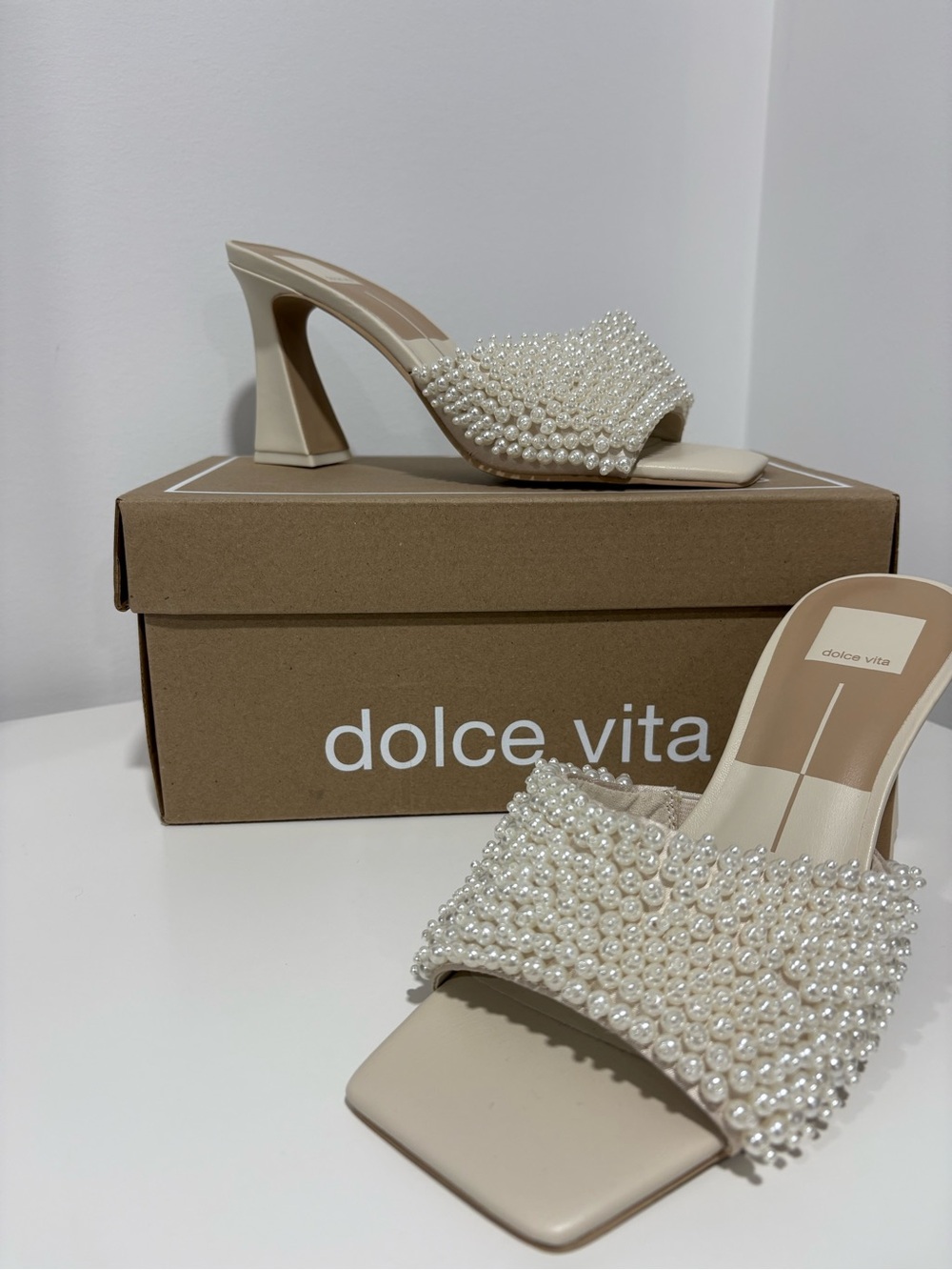 Dolce Vita Pearl-Studded Cream Heeled Mules